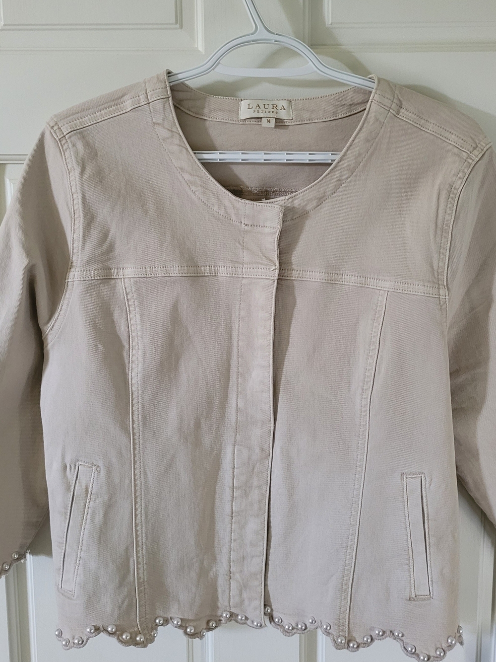 Laura Petites Beige/Cream Pearl-Hem Jean Jacket